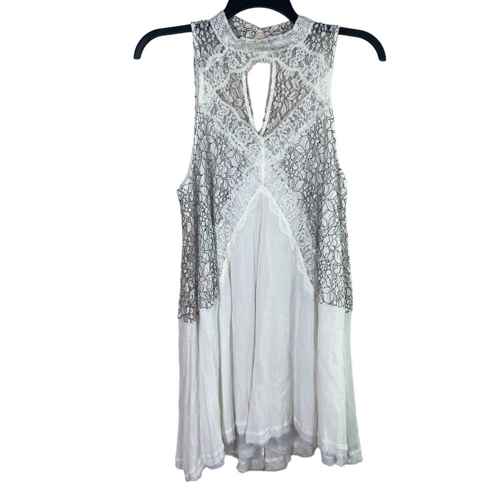One The Land Halter Dress Women's Large White Black‎ Lace Gauzy Tiered Keyhole